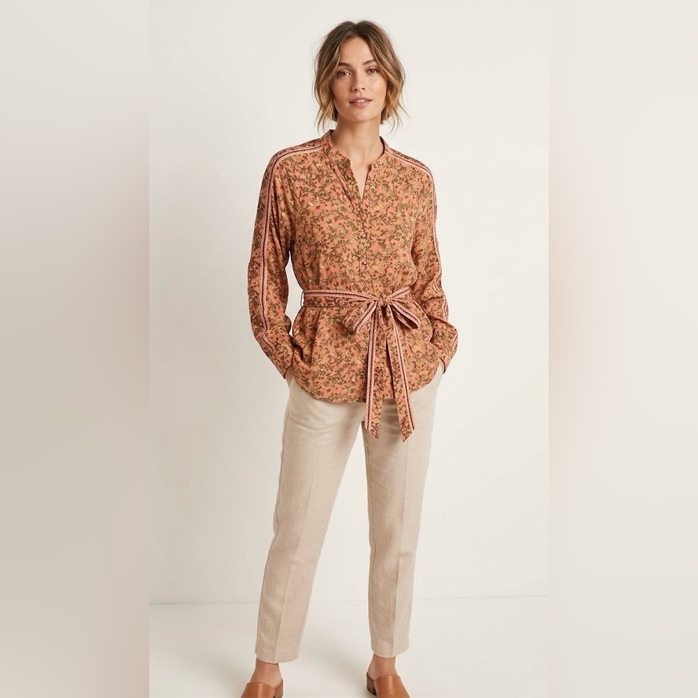 Free People Peach Floral Button-Up with Belt